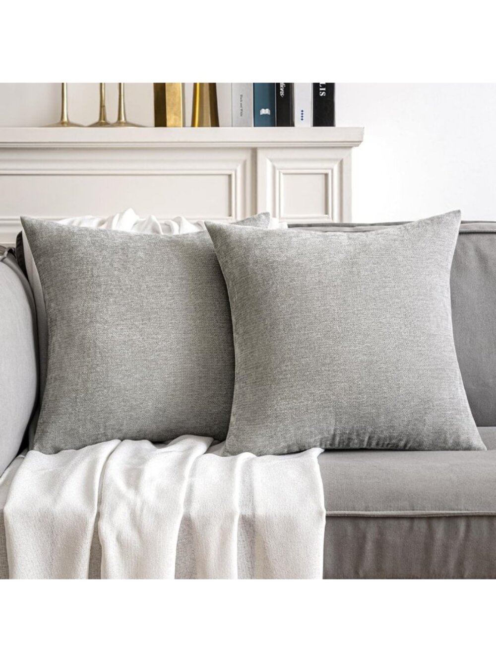 Soft Chenille Decorative Pillow Covers - Set of 2 Light Grey 18x18 Inch Cushions
